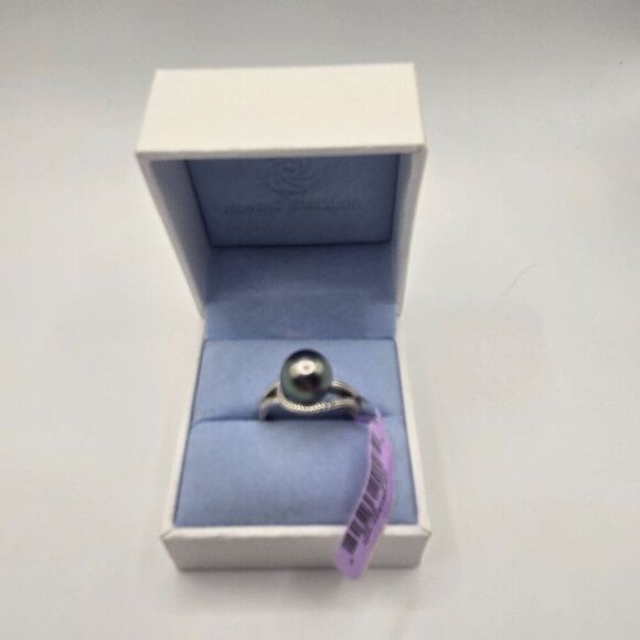 New Gray Tahitian Pearl Sterling Silver Rind Size 7 Diamond Accent 10mm - Picture 4 of 10